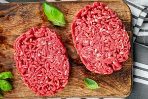 ground meat raw cutlet fresh beef meat hamburger eating cooking appetizer meal food snack on the table copy space food background rustic top view photo