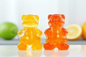 AI Generative. Immuno-gummy bears with orange flavor on a white background. Dietary supplement photo