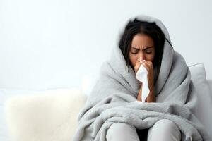 AI Generative. A young African-American woman with a cold, wrapped in a gray blanket, sits on a gray sofa and holds a handkerchief near her nose. photo