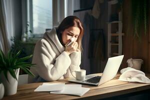 AI Generative. Remote work from home, sneeze and woman with a laptop, virus and illness with disease. Female person, freelancer and entrepreneur blowing her nose photo