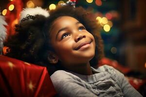 AI Generative. An African American girl child lies on the floor against the backdrop of a Christmas tree and dreams of gifts. The girl looks up dreamily and smiles photo