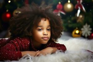 AI Generative. A pensive African American child girl lies on the floor against the background of a Christmas tree and dreams about gifts. photo