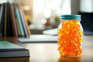 AI Generative. A jar of Gummy Vitamins is on the student's desk. The concept of taking vitamins to maintain child health while studying photo