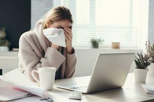 AI Generative. A cold young woman, wrapped in a blanket, is trying to work at home with a laptop. photo