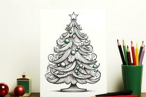 AI Generative. Colored pencils and coloring book with Christmas tree on the table photo