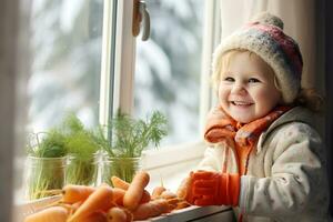 AI Generative. A little girl looks out the window and waits for Saint Nicholas. A child prepared carrots for St. Nicholas's donkey or horse photo