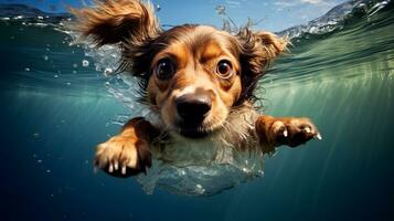 ai generado linda pequeño perro nadando en el mar. foto