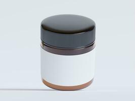 Amber Glass Cosmetic Jar with a realistic texture blank Label white color rendering 3D software illustration, brown jar color and black cap photo