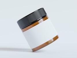 ámbar vaso cosmético tarro con un realista textura blanco etiqueta blanco color representación 3d software ilustración, marrón tarro color y negro gorra foto