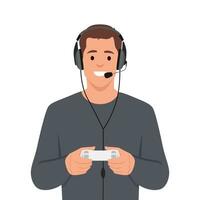 Young happy man playing video game holding joystick and wearing headphone. vector