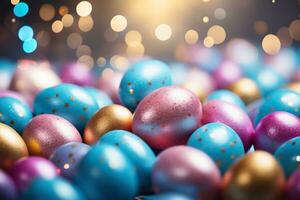 AI generated Easter background with painted Easter eggs on a blue background with golden bokeh. Generated by artificial intelligence photo