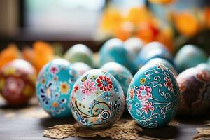 AI generated Easter greeting background with Easter eggs in soft colors with beautiful pattern on a blurred background. Generated by artificial intelligence photo