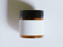 Amber Glass Cosmetic Jar with a realistic texture blank Label white color rendering 3D software illustration, brown jar color and black cap photo