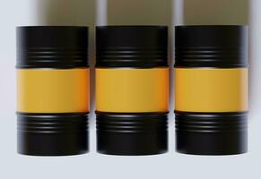 tambor envase petróleo industria. oro y negro barriles con petróleo soltar etiqueta en derramado charco de crudo aceite. objeto de ilustración aislado en blanco antecedentes foto