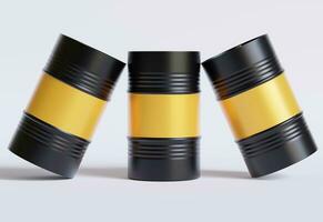 Drum Container oil industry. Gold and black barrels with oil drop label on spilled puddle of crude oil. Object of illustration isolated on white background photo