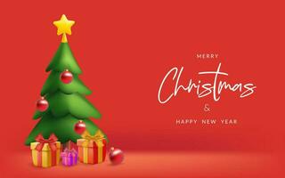 3D Christmas banner with a festive pine tree, presents, and decorations. Happy holiday illustration in a realistic design. Perfect for cards, covers, and flyers. Not AI generated. vector