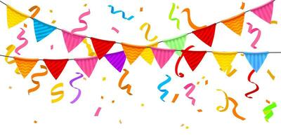 Vibrant isolated confetti, flags, ribbons, creating atmosphere for a happy birthday. Design perfect for birthday parties, anniversaries, or any joyful event. Not AI generated. vector