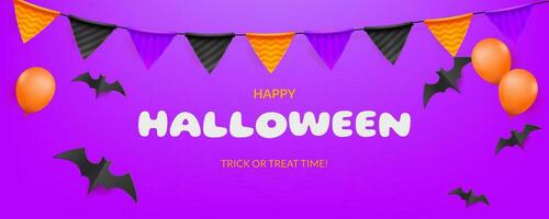 A festive Halloween themed vector banner featuring garland, flags, bats. The vibrant design captures the essence of the holiday, with a touch of eerie charm. Not AI generated.