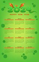 A vibrant green 2024 calendar template with a dragon theme, featuring months, days, and Chinese zodiac. The design blends abstract fun elements with children motifs. Not AI generated. vector