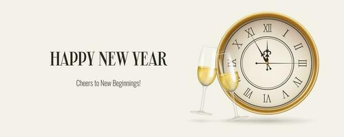 Realistic white New Year banner, featuring a clock and champagne. Gold and Christmas themed decorations. Suitable for invitations, greetings, and event promotions. Not AI generated. vector