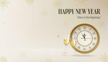 Realistic gold New Year banner, featuring a clock, snowflakes and champagne. Gold and Christmas themed decorations. Suitable for invitations, greetings, and event promotions. Not AI generated. vector