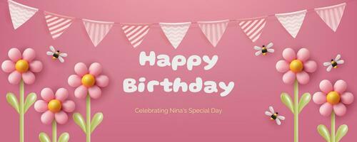 Horizontal banner in pink with a 3D illustration featuring flower balloons, bees and a cheerful birthday flags garland. Realistic and cute invitation card. Not AI generated. vector