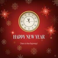 Realistic red Happy New Year banner, featuring a clock and snowflakes. Gold and Christmas themed decorations. Suitable for invitations, greetings, and event promotions. Not AI generated. vector