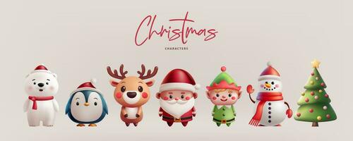 Christmas illustration set cute 3D characters. Santa, a reindeer, an elf, a penguin, a polar bear, and a snowman, Christmas tree. Perfect for holiday greetings and decorations. Not AI generated. vector