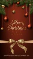 Merry Christmas realistic red and gold balls, pine tree branches, and festive bow decorations. This elegant design is suitable for holiday cards, invitations, and banners. Not AI generated vector