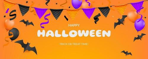 A festive Halloween themed vector banner featuring garland, flags, bats, confetti. The vibrant design captures the essence of the holiday, with a touch of eerie charm. Not AI generated.