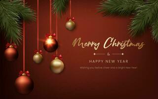 Merry Christmas realistic red and gold balls, pine tree branches, and festive decorations. This elegant design is suitable for holiday cards, invitations, and banners. Not AI generated vector