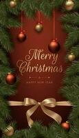 Merry Christmas realistic red and gold balls, pine tree branches, and festive bow ribbons. This elegant design is suitable for holiday cards, invitations, and banners. Not AI generated vector