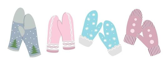 Set of different knitted mittens. Woolen or knitted mitten for cold frosty weather isolated on white background. Warm winter mittens set. Cute hand drawn elements for winter design. Winter accessories vector