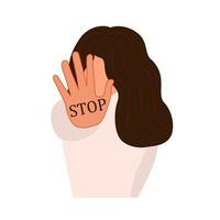 Girl showing stop gesture sign with palm of the hand. Prohibition symbol. Emotion and body language concept. Vector illustration.