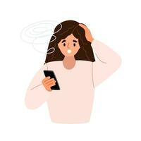 triste ansioso niña con móvil Los telefonos, leyendo malo noticias, mensaje en Internet. negativo emoción. plano vector ilustración aislado en blanco antecedentes.