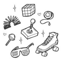 Collection of sketches in 90s style. Items from the 80s and 90s. Retro badges, and patches for your design. Vector illustration.