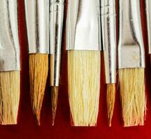 a group of brushes on a red surface photo