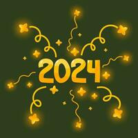 2024 number. 2024 logo text design. Happy New Year 2024. Vector holiday illustration with 2024 logo text design, sparkling confetti and shining golden stars, festive fireworks on green background.