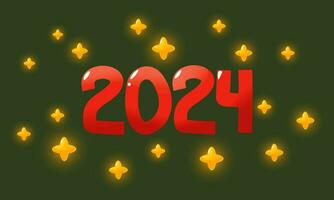 2024 number. 2024 logo red text design and shining stars around on green background. Design template Celebration typography poster, banner or greeting card for Happy new year. Vector Illustration