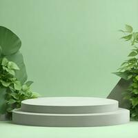 AI generated Abstract minimal scene with Stone podium display. stage pedestal or platform in green background with Green Leaves. for cosmetic product presentation, 3d rendering photo