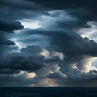 AI generated stormy clouds and rain with dramatic sky. The dark sky with heavy clouds converging and a violent storm before the rain.Bad or moody weather sky and environment. photo