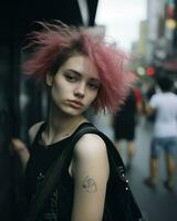Street photo of young woman with colored hair. Generative AI