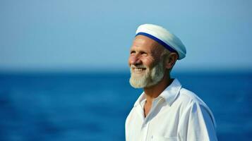 An old ship captain in captain's outfit in front of a seascape. Generative AI photo