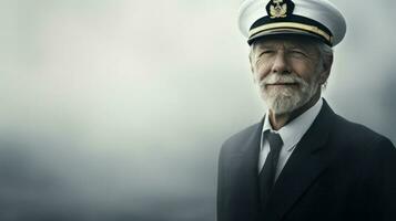 An old ship captain in captain's outfit in front of a seascape. Generative AI photo