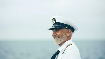 An old ship captain in captain's outfit in front of a seascape. Generative AI photo