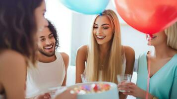 foto de un grupo de amigos ir de fiesta a hogar. generativo ai