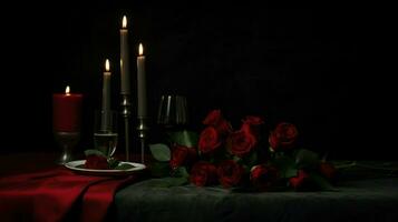 A romantic setting with red roses and candles beautifully arranged on a table.. Generative AI photo