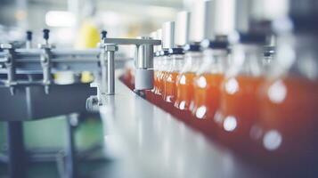 Bottles of soda moving on factory conveyor.. Generative AI photo