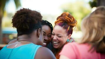 un imagen capturar el jubiloso camaradería de Tres mujer, compartiendo la risa y creando perdurable recuerdos.. generativo ai foto