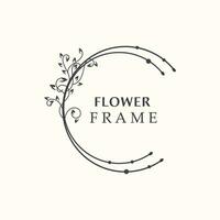 Floral frame flower round shape emblem logotype isolated on white background, leaves luxury linear logo circle style boutique vector